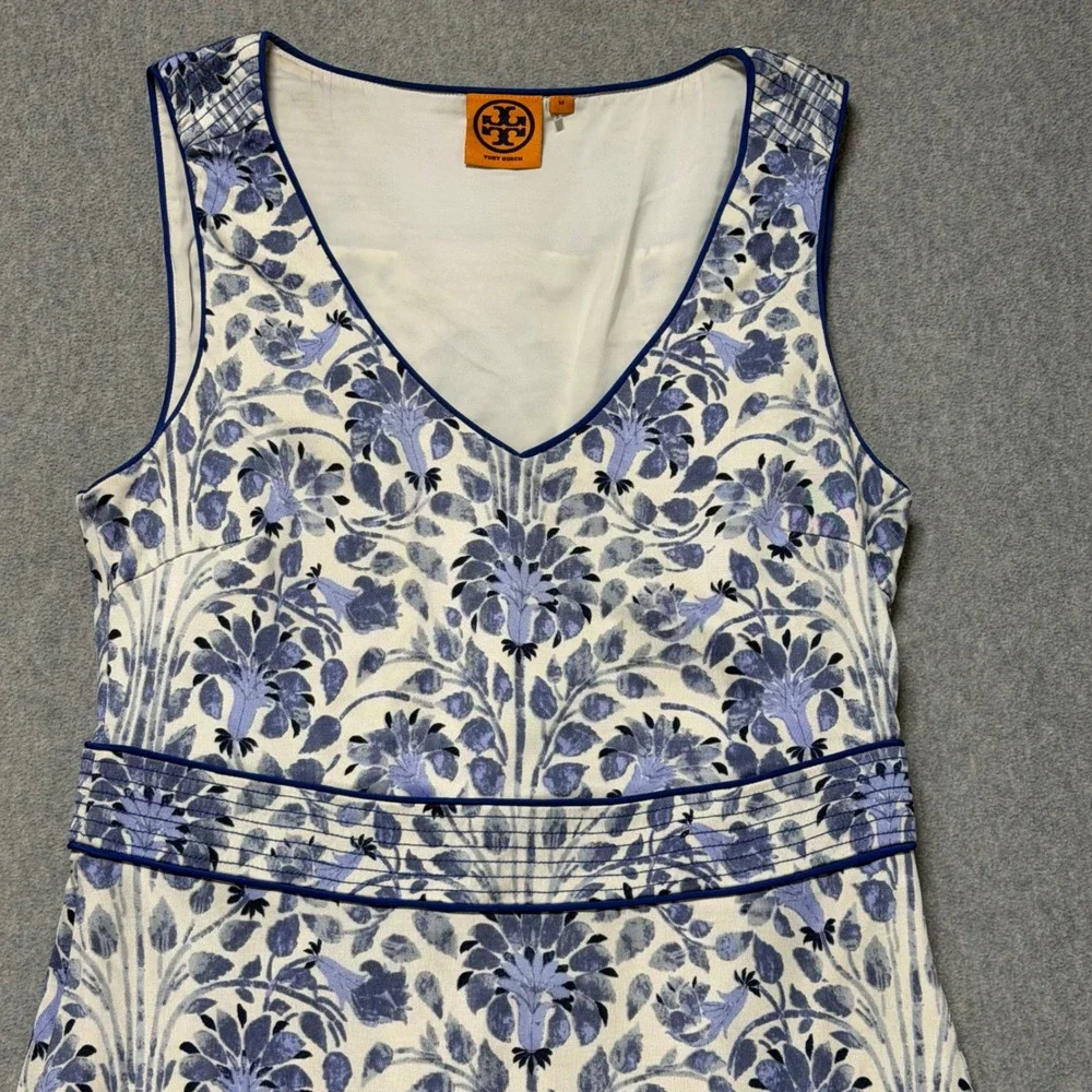 Tory Burch Blue White Floral Silk Sleeveless V-Neck Empire Waist Dress Size M